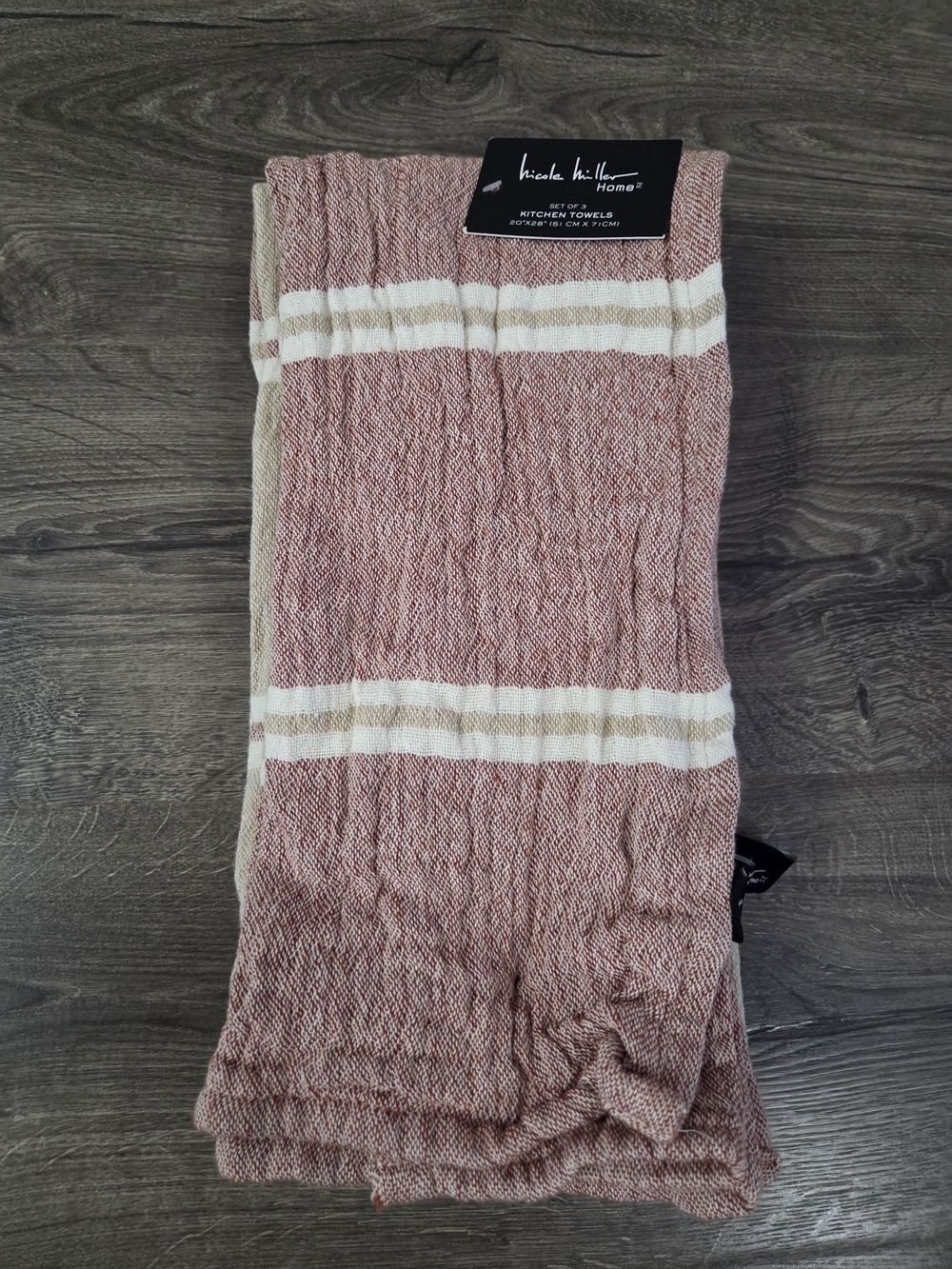 Nicole Miller Striped Kitchen Towel Set (3) 100% Cotton Made In India NWT